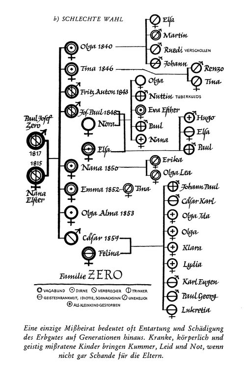 Stammbaum der mit dem abwertenden Pseudonym bezeichneten Familie „Zero“, der Josef Jörgers Thesen über die nachteiligen Auswirkungen einer Mischehe mit Nichtsesshaften illustrieren soll.