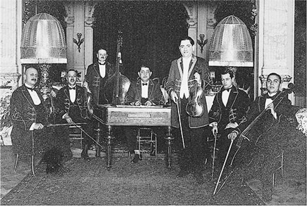 The Hungarian Béla Ruha Gypsy Orchestra in a hotel in The Hague, Netherlands in the 1930s.