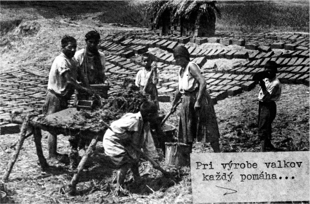 “All helping with the preparations ...” Photo of a family making bricks in East Slovakia.