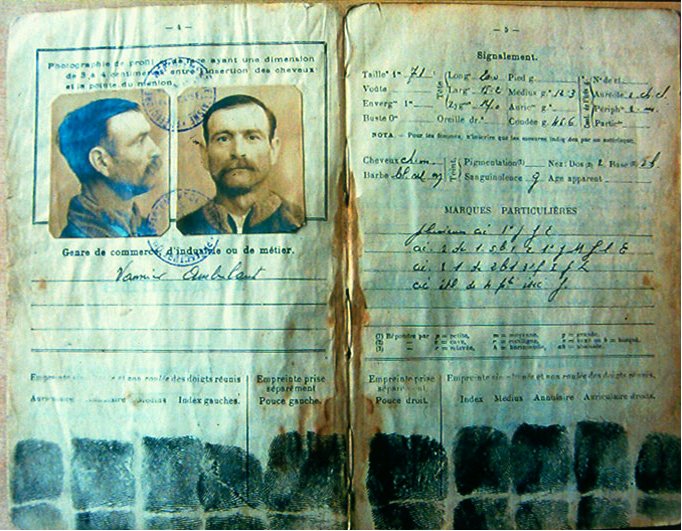 A French “carnet anthropométrique” - a special identifi - cation paper for people of no fi xed abode, complete with photographs and fi ngerprints along the lower margin of the document. Nothing more is known about the bearer of this document.