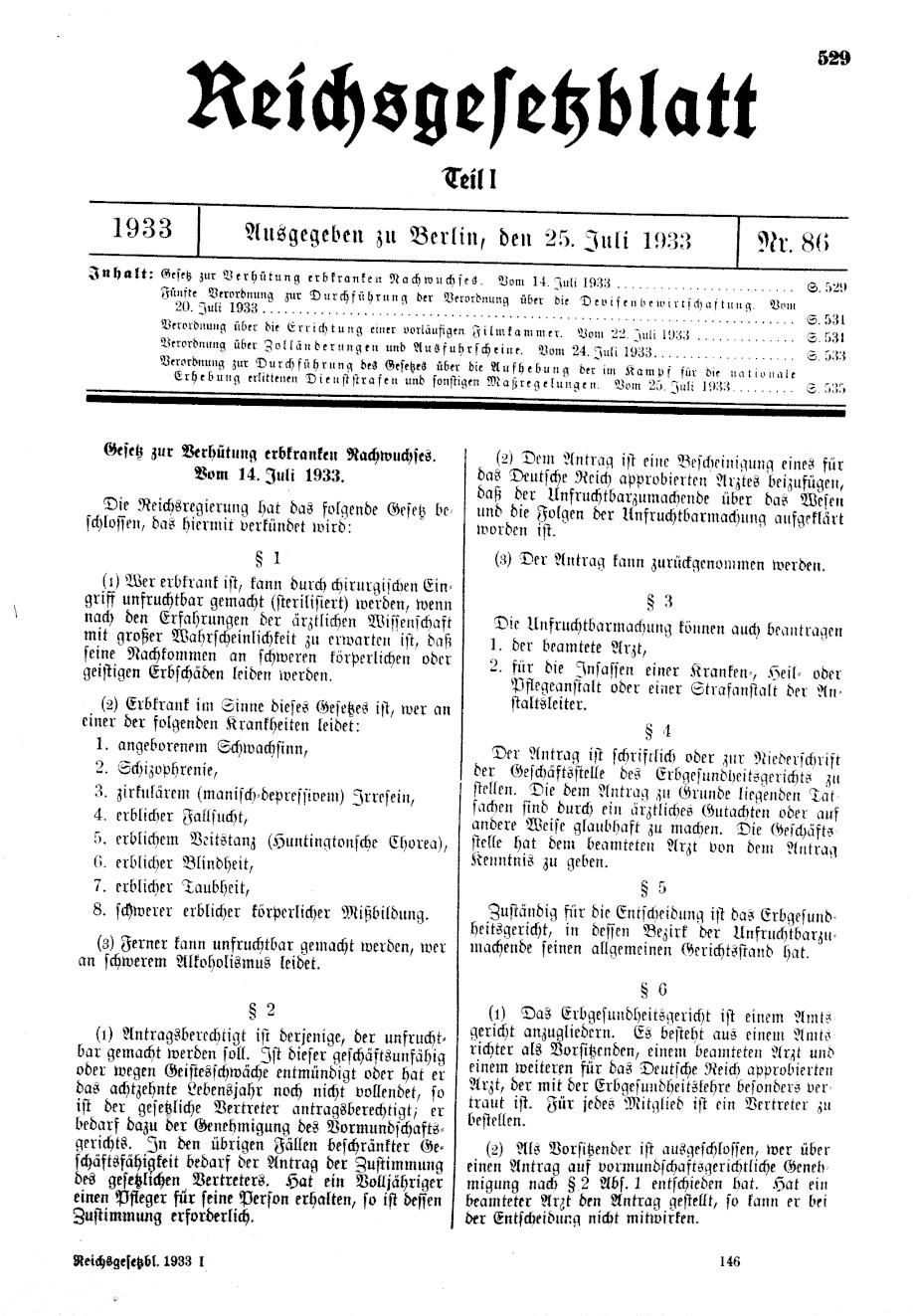 Titelseite des Reichsgesetzblatt vom 25. Juli 1933.